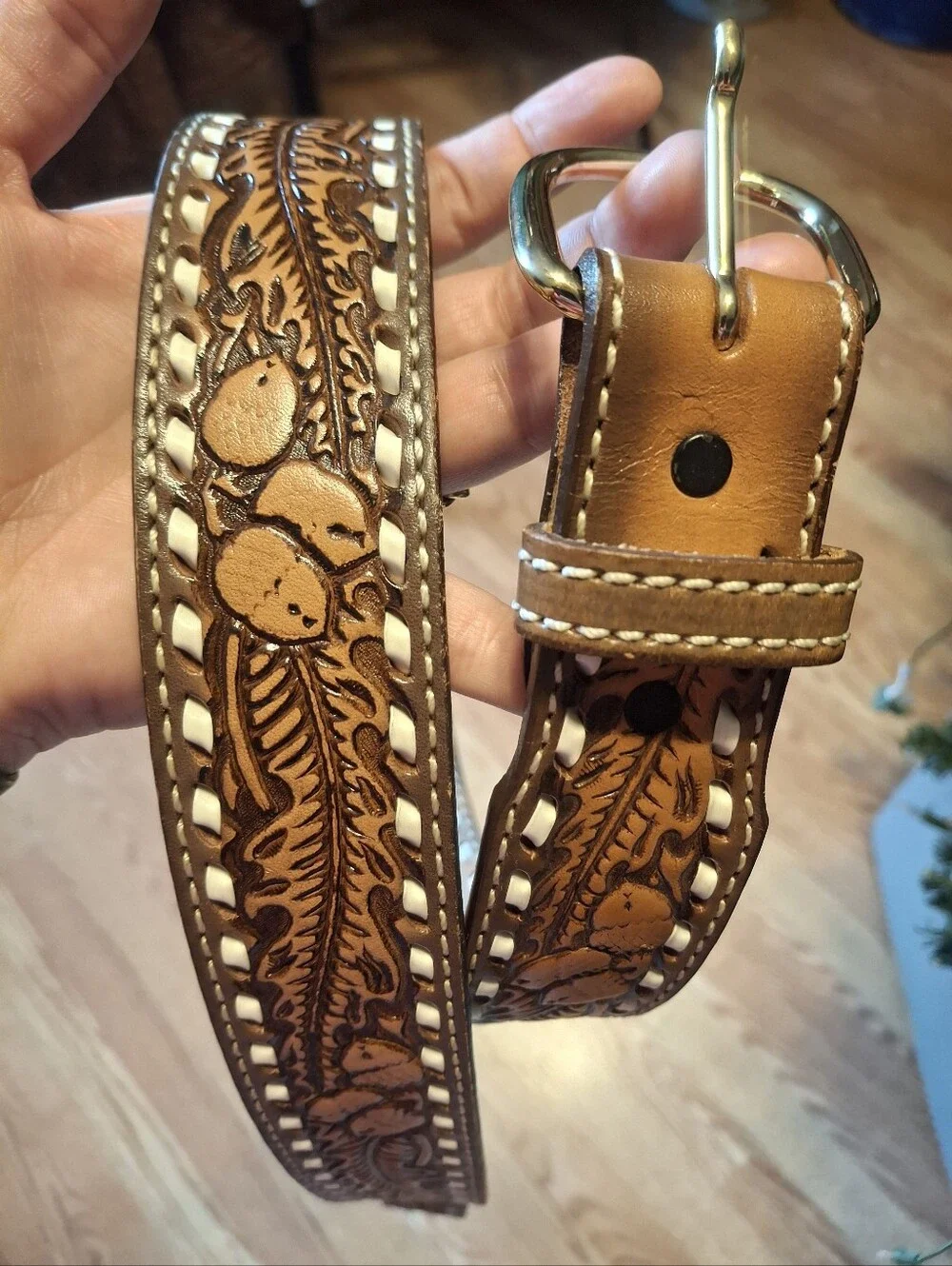 Tooled Leather Belt With White Inlay